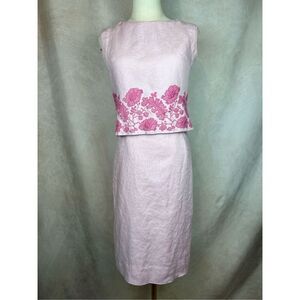Vintage 1960s Linen Skirt Set Baby Pink Embroidered Susan Thomas Size Small/MD